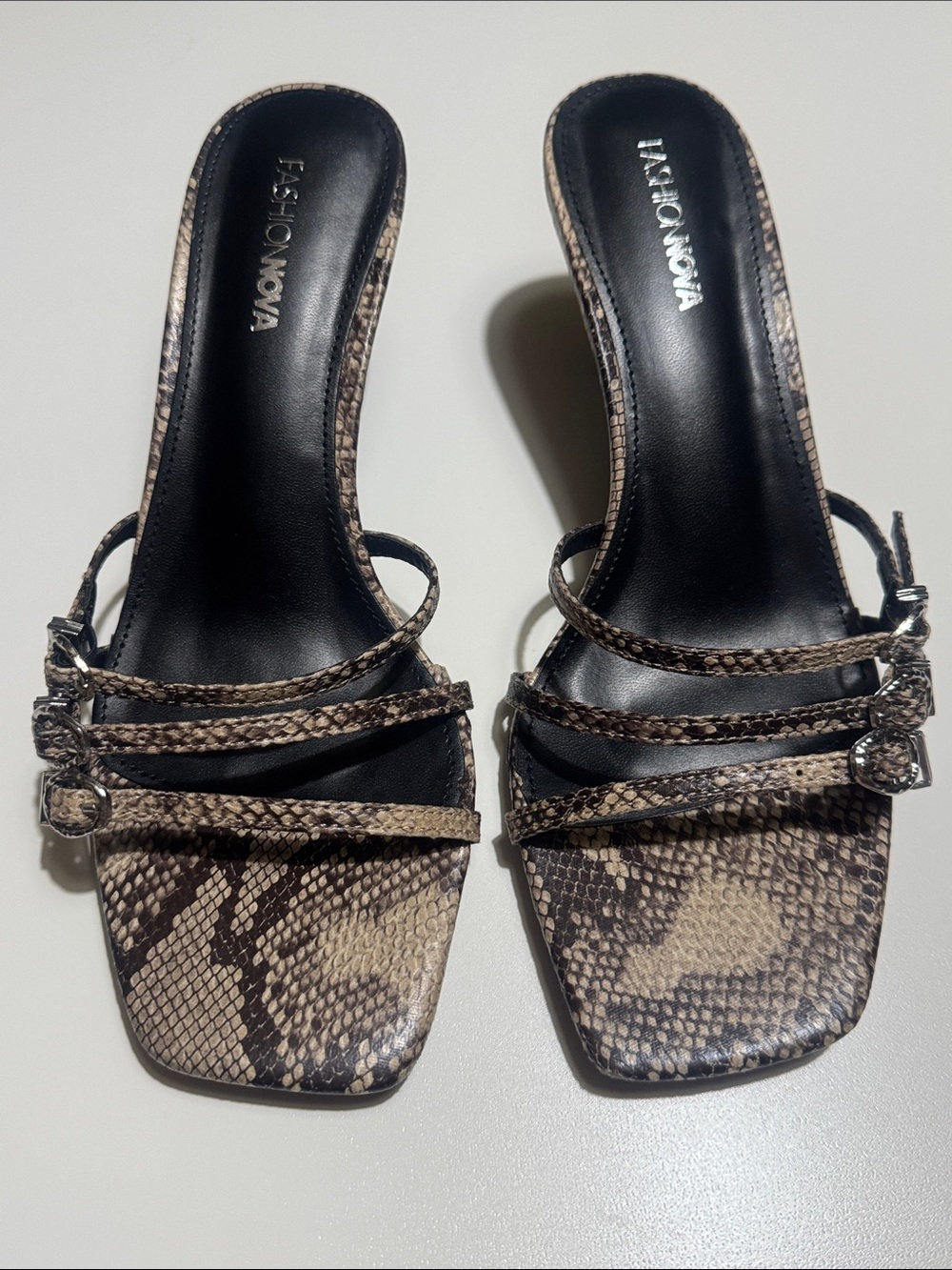 Fashion Nova Snake-Print Strappy Heeled Sandals - Brown/Tan
